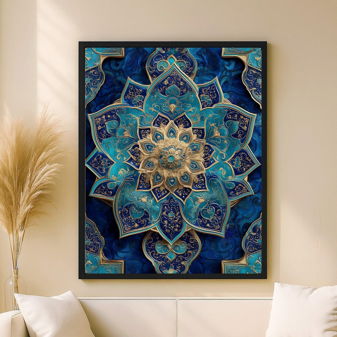 Turquoise Gold Tezhip Rosette Wall Art, Mandala