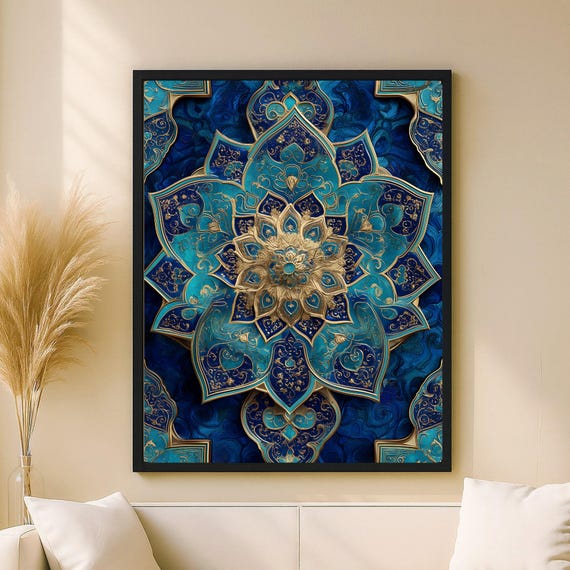 Turquoise Gold Tezhip Rosette Wall Art, Mandala