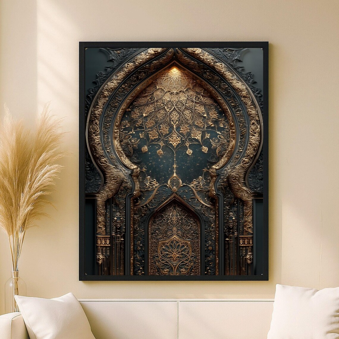 Golden Tezhip Carved Door Wall Art, Islamic Arch