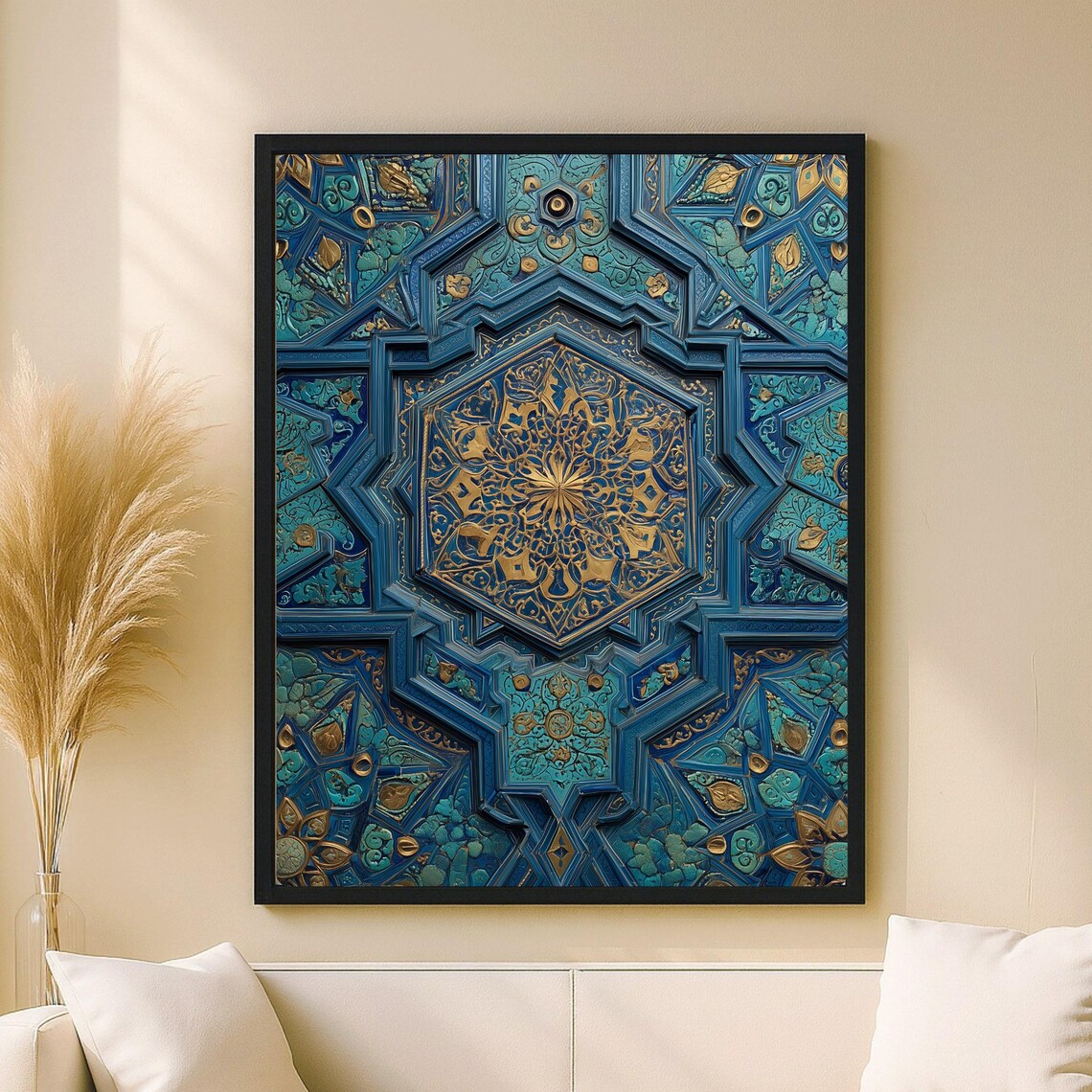 Blue and Gold Tezhip Star Geometric Tile Mosaic Islamic Art Poster