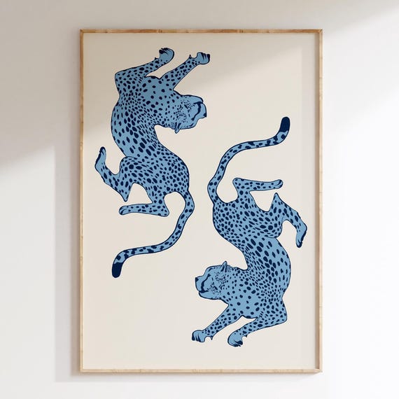 Blue Cheetah Print Trendy Wall Art Leopard Poster Preppy Dorm Decor Apartment Maximalist Retro Funky Y2k