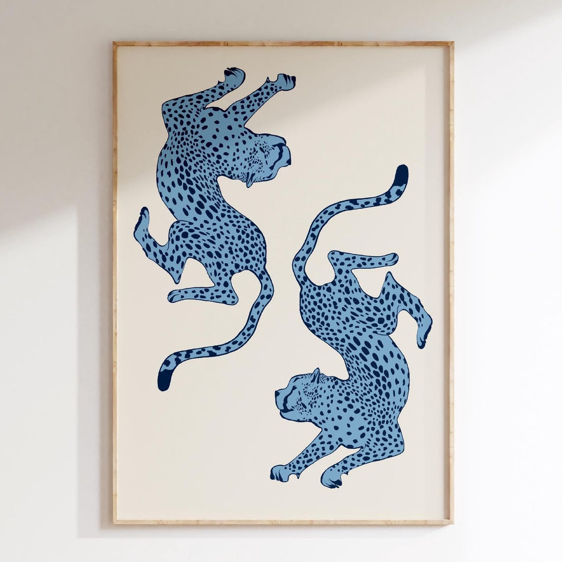 Blue Cheetah Pair Leaping Leopard Art On Cream Maximalist Poster