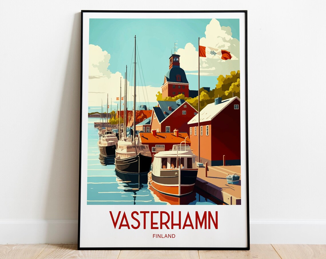 Vasterhamn Finland Harbor Boats Retro Seaside Travel Poster Art