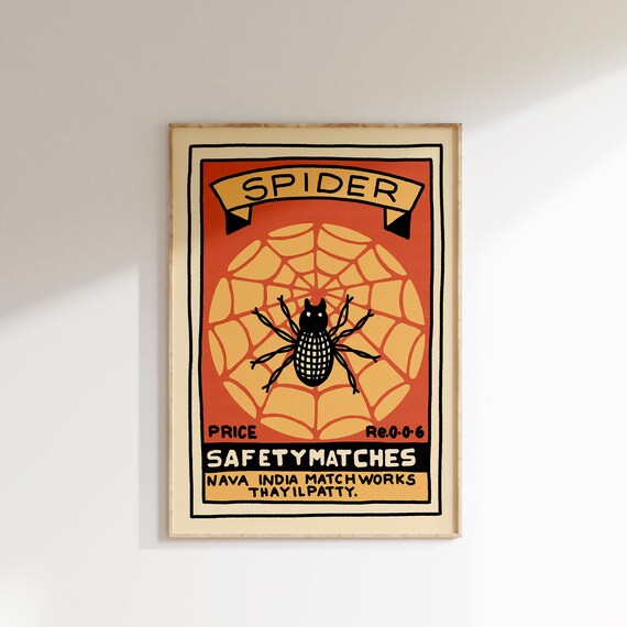 Retro Indian Matchbox Poster Spider Vintage Matchbox Poster Colorful Art Poster Vintage India Art Maximalist Wall Art Matchbox Art