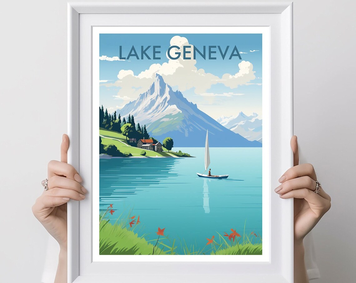 Lake Geneva Switzerland Sailboat Alpine Mountain Travel Poster