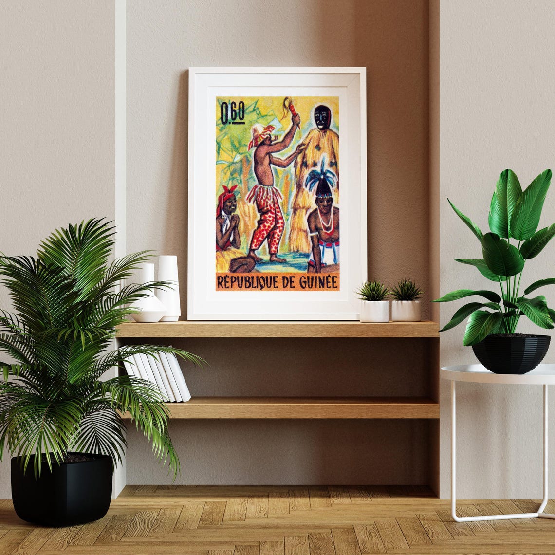 Guinea Tribal Ceremony Masked Dancer Vintage African Stamp Art Poster - Image 2