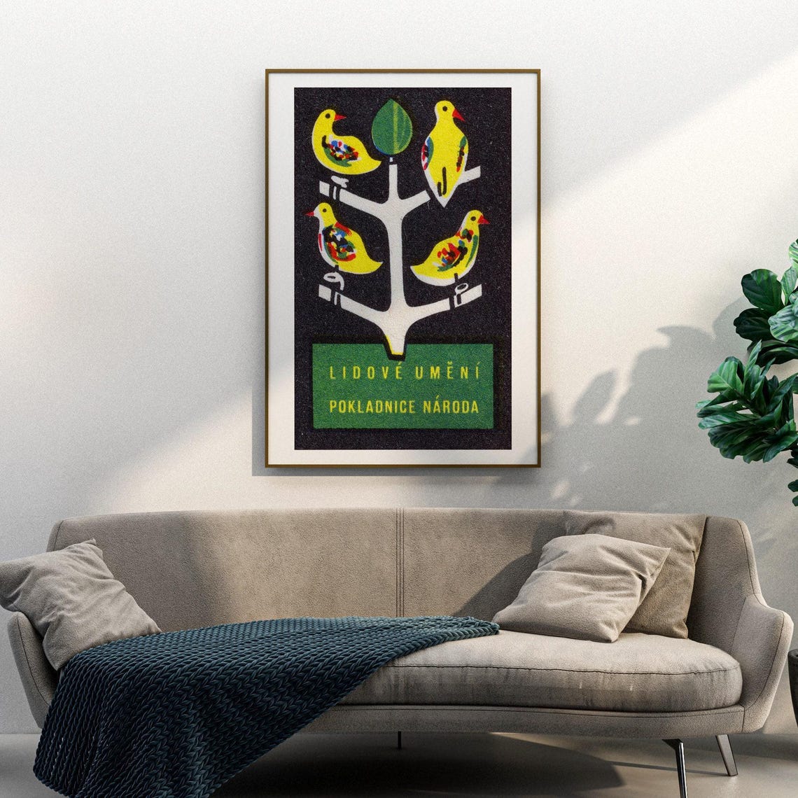 Czech Folk Art Yellow Birds White Tree Black Vintage Matchbox Poster - Image 3