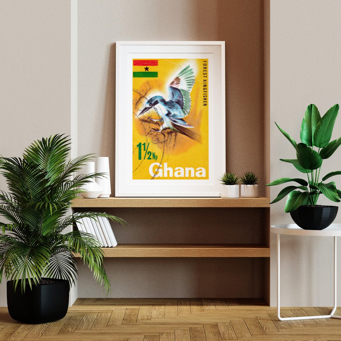 Ghana Forest Kingfisher 1 1/2 Np Vintage Bird Stamp Art Poster - Image 2
