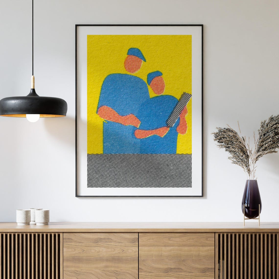 Two Workers Blueprint Halftone Yellow Vintage Matchbox Poster - Image 4