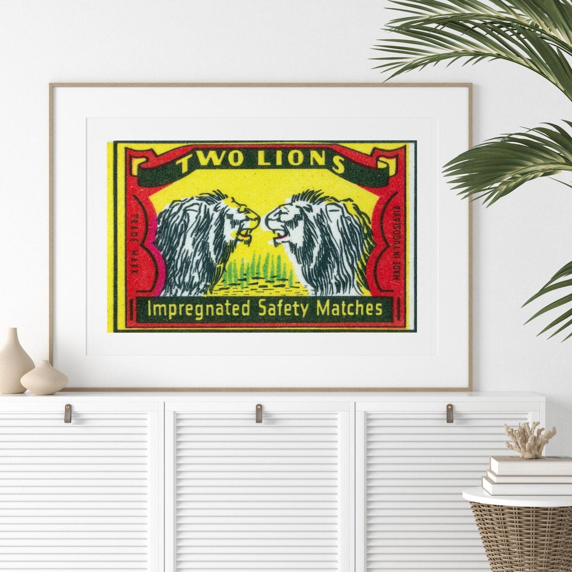 Two Lions Facing Roaring Vintage Yugoslav Matchbox Label Poster - Image 2
