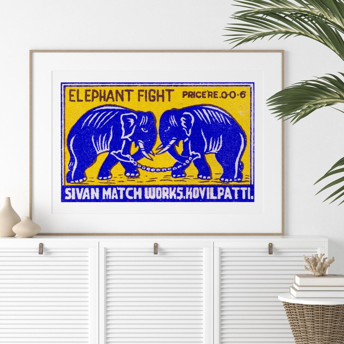 Elephant Fight Blue Indian Safety Matches Vintage Label Art Poster - Image 3