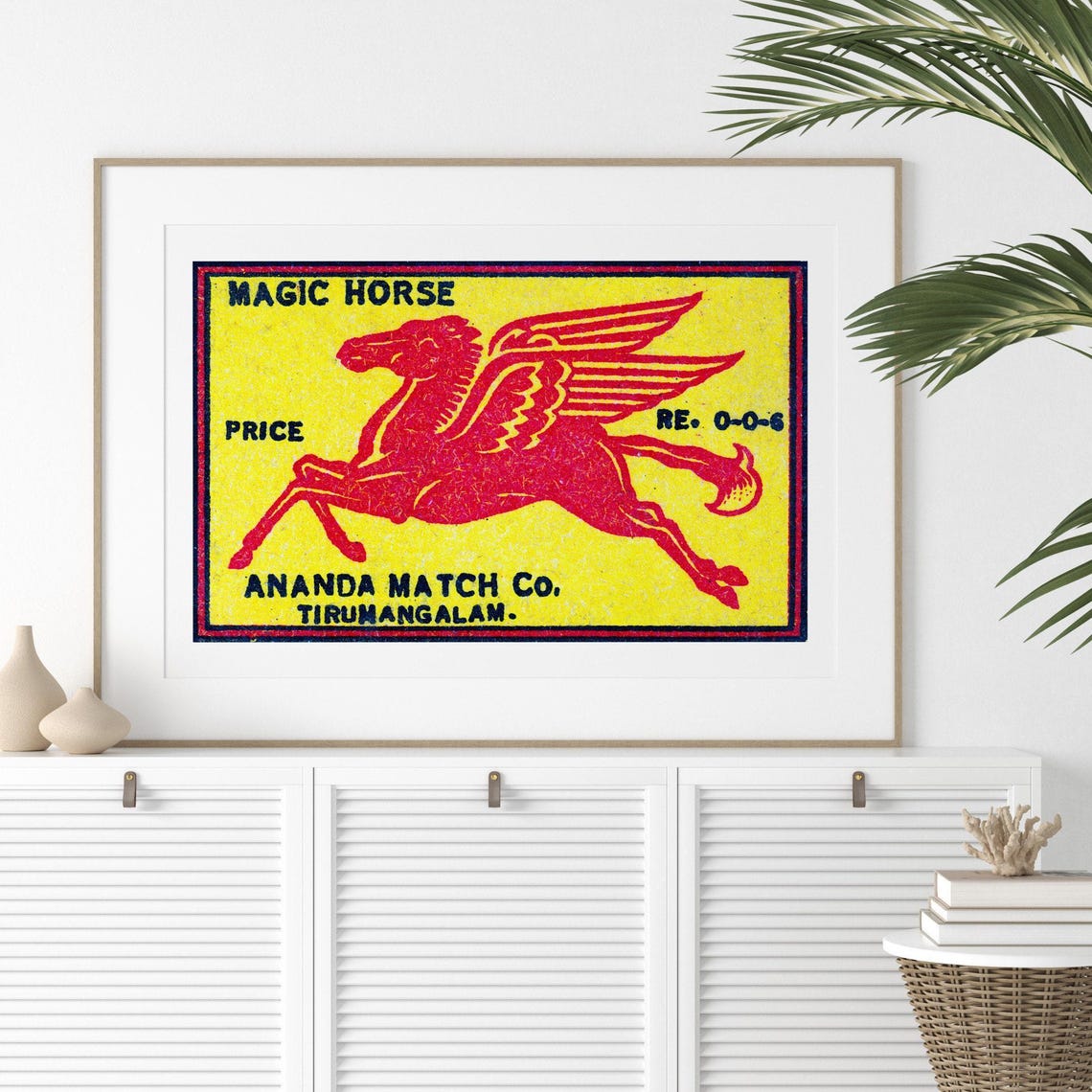 Magic Horse Red Winged Pegasus Gallop Vintage India Match Label Poster - Image 2