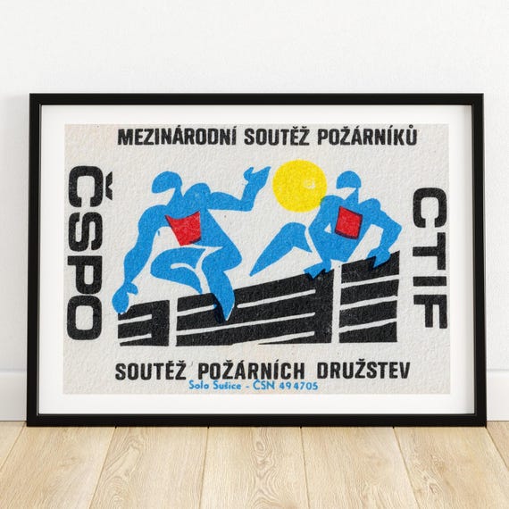Running Firefighters Matchbox Print Czech Wall Art Vintage Czech Art Matchbox Wall Poster Vintage Poster Print
