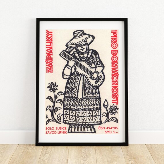Folk Art Matchbox Label Print Charming Czech Design Vintage Home Decor Unique Wall Art Collectible Illustration A4