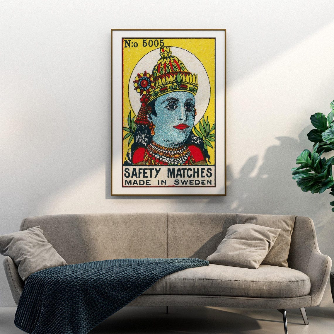 Blue Hindu Deity Crown Vintage Swedish Matchbox Label Poster - Image 3