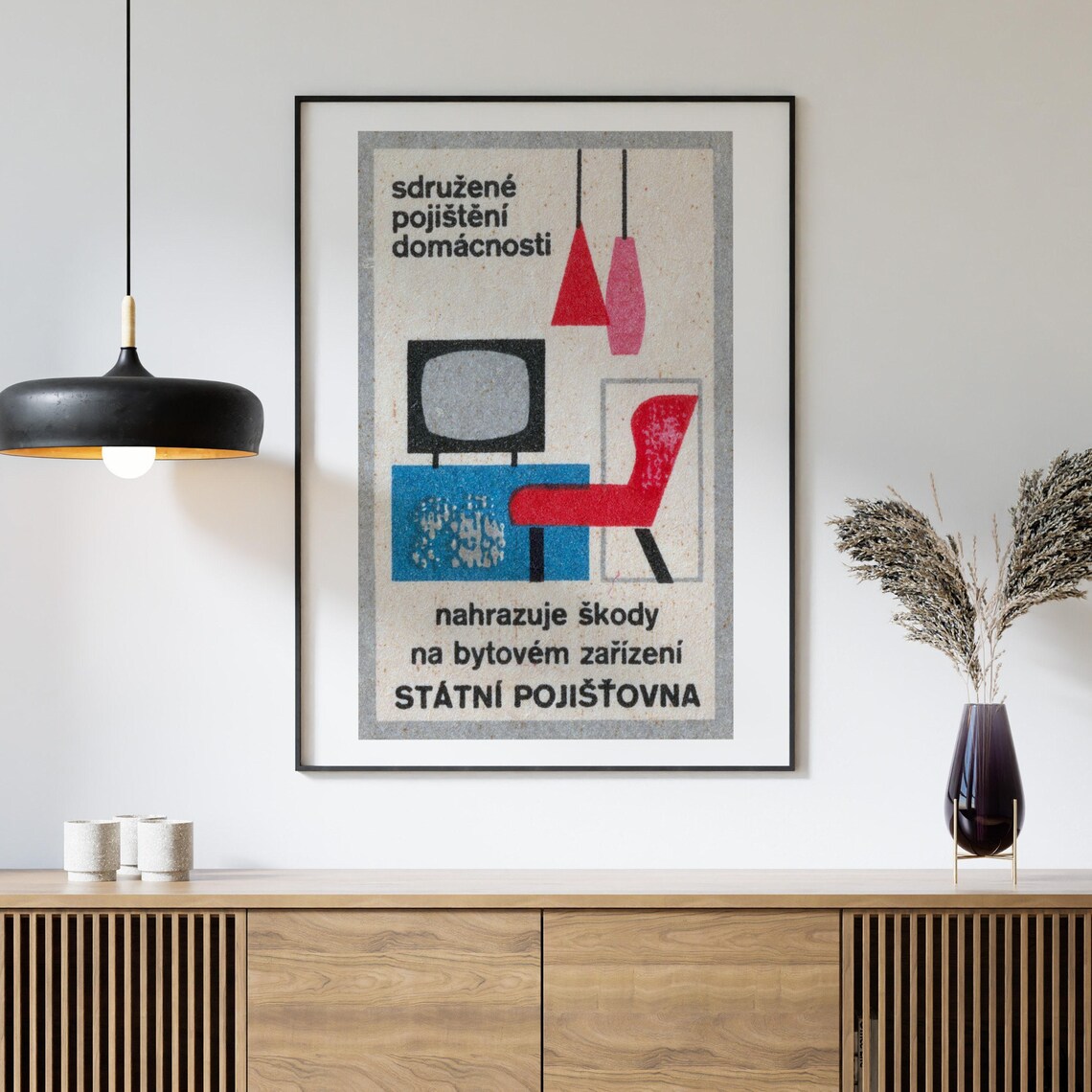 Czech State Insurance Mid Century Furniture TV Chair Vintage Ad Poster - Image 4