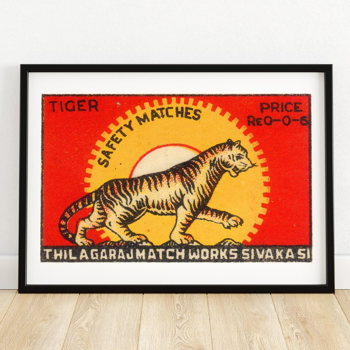 Indian Tiger Safety Matches Label Walking Tiger Red Vintage Poster