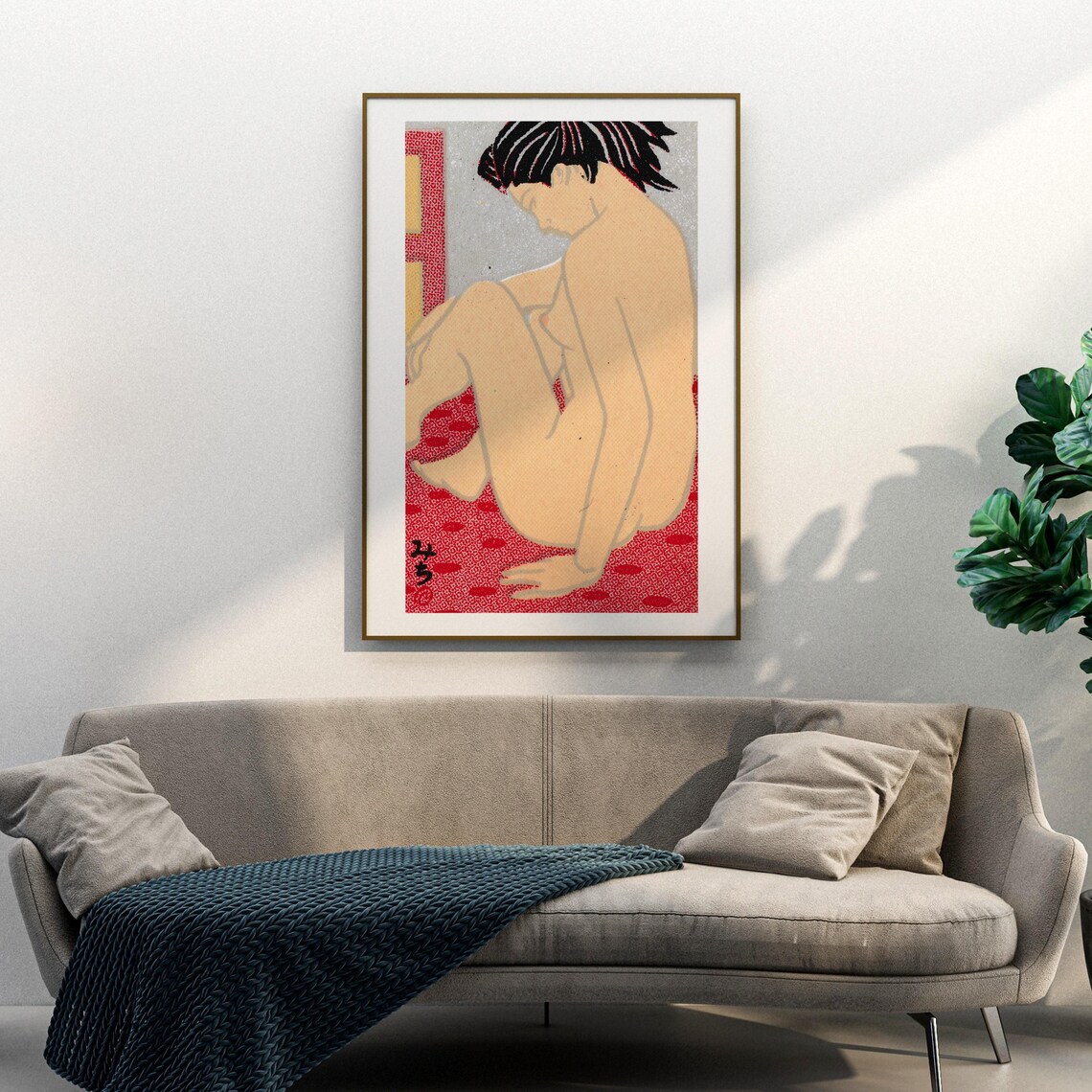Japanese Woodblock Seated Nude Woman Red Patterned Style Art Poster - Image 3