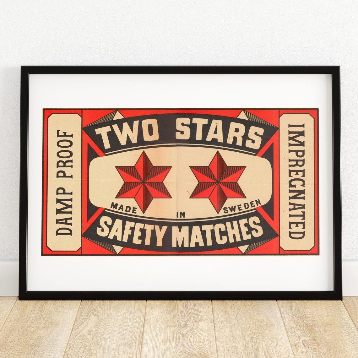 Two Stars Damp Proof Safety Matches Vintage Swedish Label Art Poster