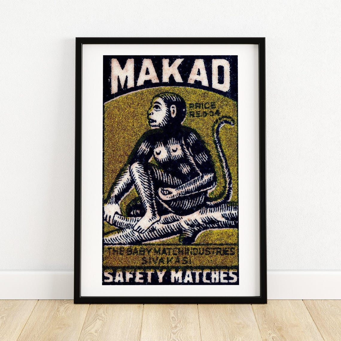 Makad Indian Matchbox Label Monkey Safety Matches Vintage Art Poster