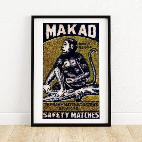 Makad Indian Matchbox Label Monkey Safety Matches Vintage Art Poster