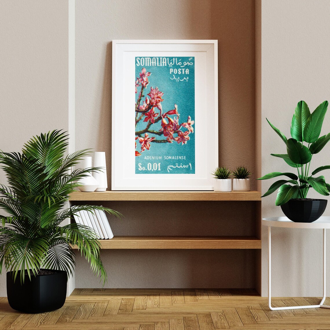 Somalia Stamp Adenium Somalense Pink Flowers Teal Vintage Art Poster - Image 2