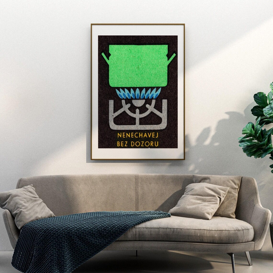 Green Pot On Gas Stove Blue Flame Czech Matchbox Safety Art Poster - Image 3