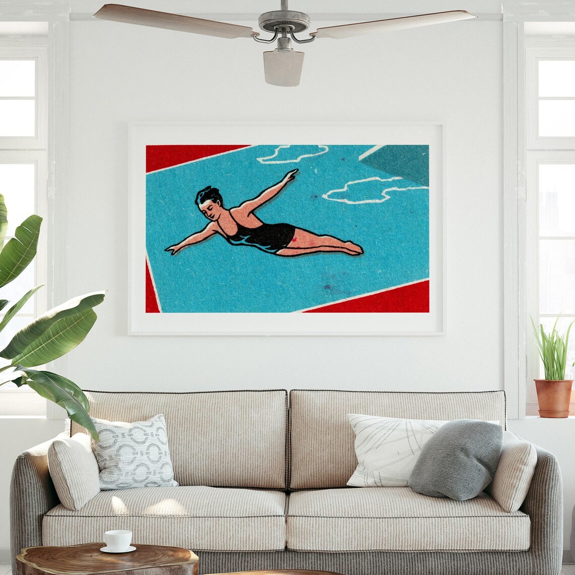 Mid Century Woman Diver Retro Swimming Illustration Art Poster - Image 3