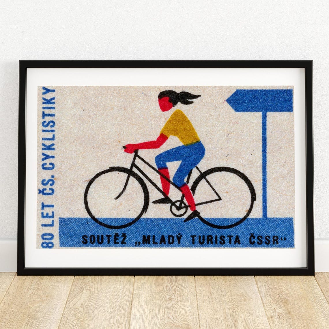 Woman Cyclist Mladý Turista ČSSR Vintage Matchbox Label Poster