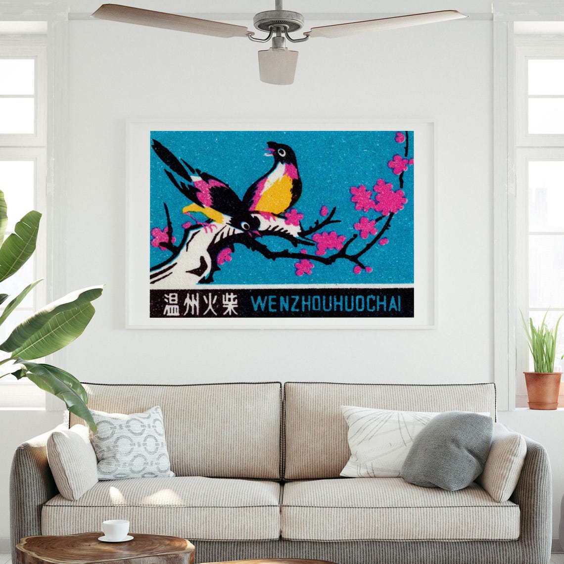 Two Songbirds on Cherry Blossom Chinese Matchbox Label Art Poster - Image 3