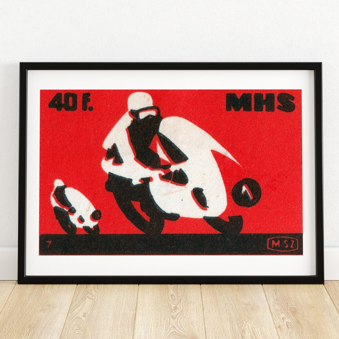Motorcycle Racers Red Vintage Hungarian Matchbox Label Art Poster