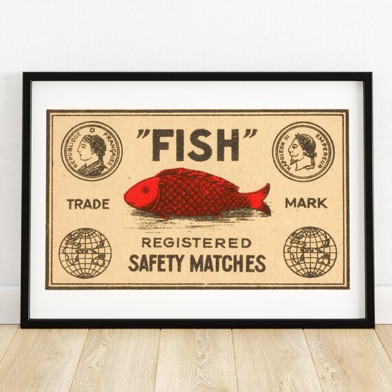 Fish Matchbox Art Print Vintage Safety Match Label Decor Retro Red Fish Illustration Antique Collectible Home Wall Art A4