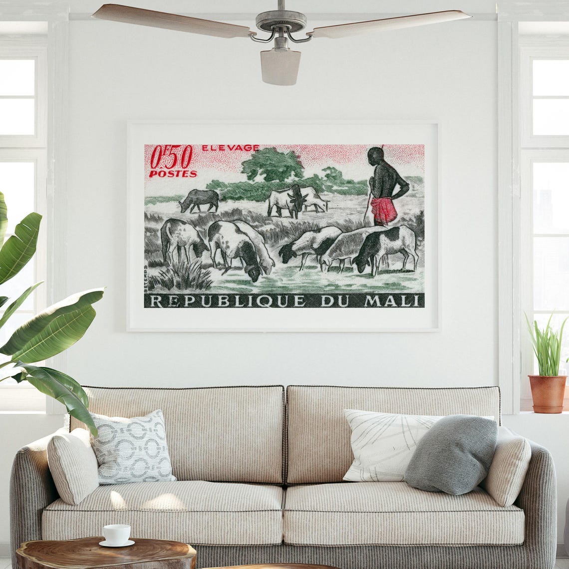 Mali Elevage Herdsman With Cattle Vintage French Stamp Art Poster - Image 3