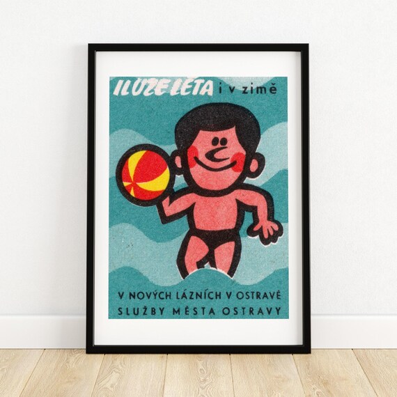 Summer Illusion Winter Boy Beach Ball Vintage Ostrava Baths Advertising Poster
