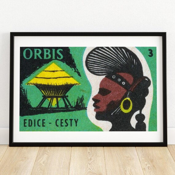 African Tribal Hut Matchbox Print Czech Wall Art Vintage Czech Art Matchbox Wall Poster Vintage Poster Print