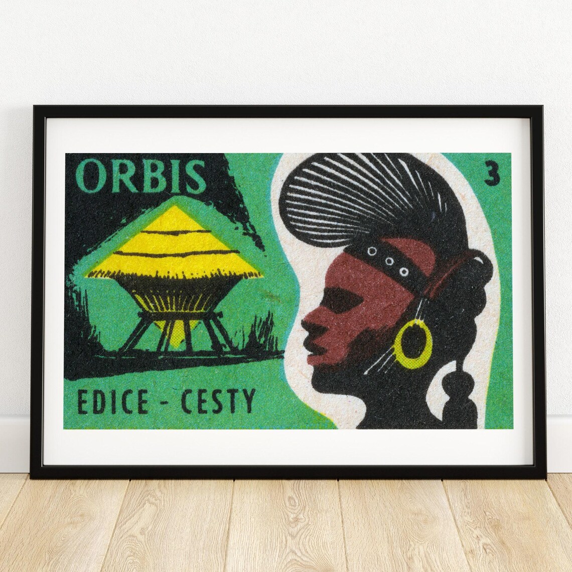 Orbis Travel Series African Hut Woman Green Matchbox Label Poster