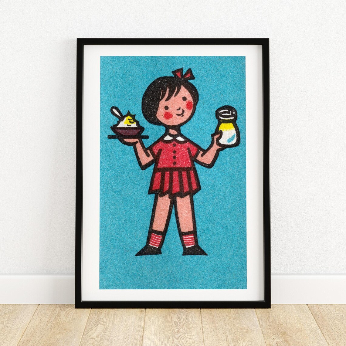 Czech Girl with Milk and Porridge Vintage Matchbox Label Art Poster
