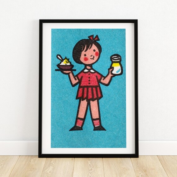 Czech Girl with Milk and Porridge Vintage Matchbox Label Art Poster