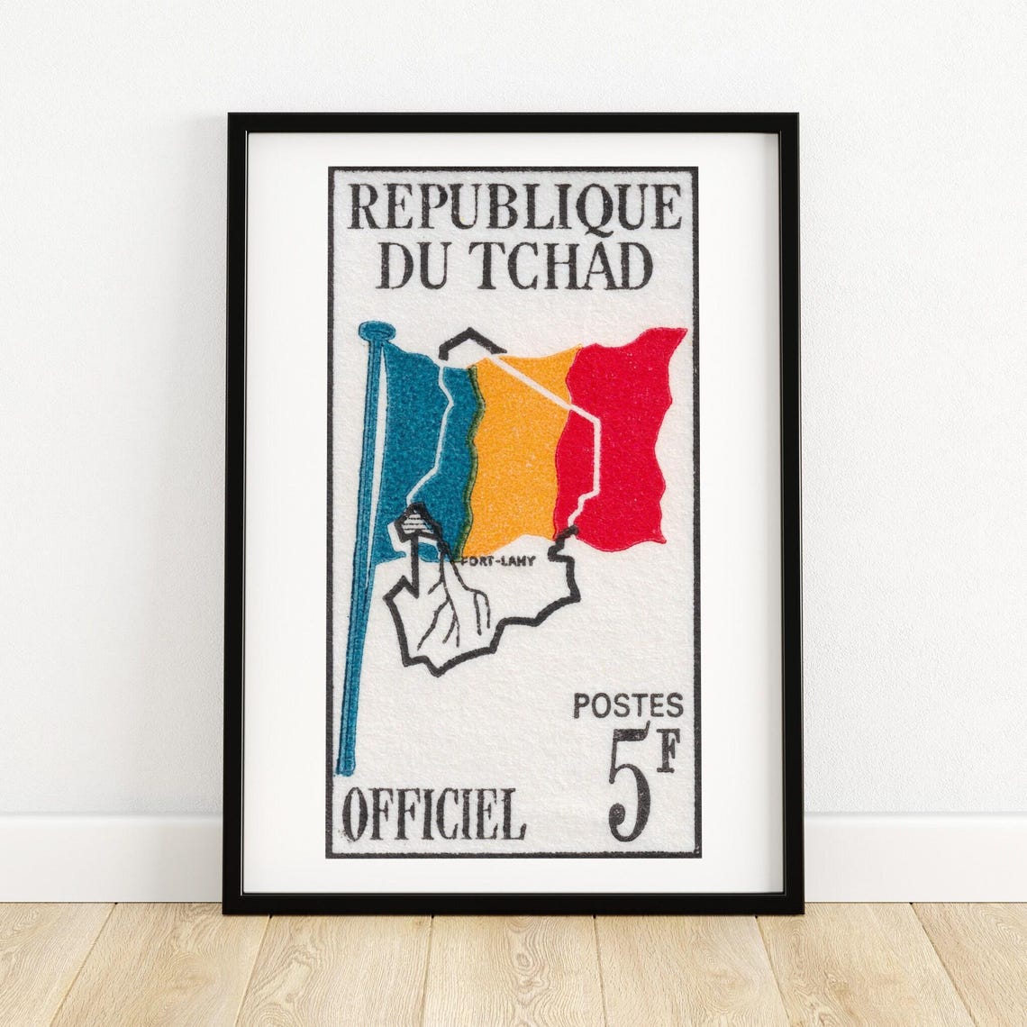 Chad Republic Vintage Map and Flag Postage Stamp 5F Art Poster