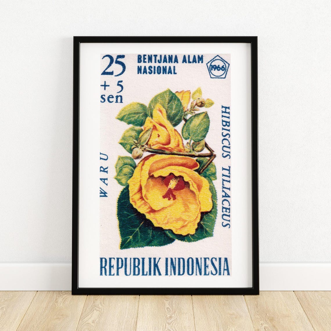 1966 Indonesia Waru Hibiscus Tiliaceus Stamp Botanical Poster