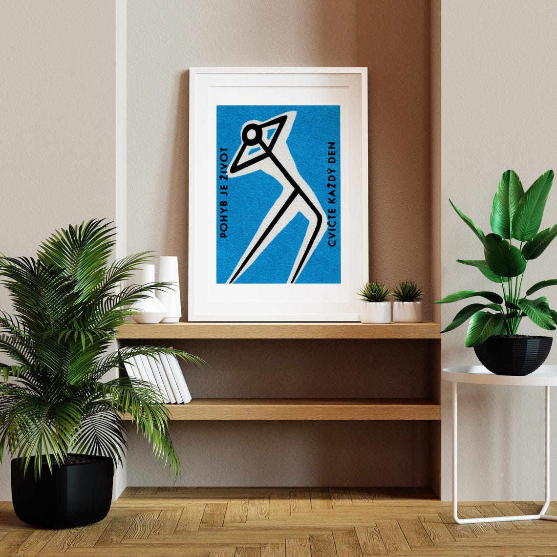 Blue Czech Exercise Fitness Stick Figure Matchbox Label Poster - Image 2