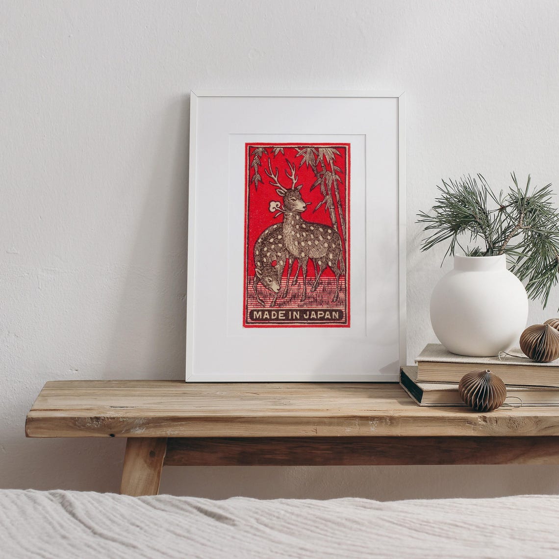 Spotted Deer Bamboo Made In Japan Vintage Red Japanese Wildlife Poster - Image 3