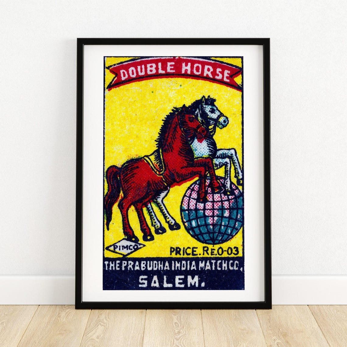 Double Horse Globe Vintage Indian Safety Matches Label Poster