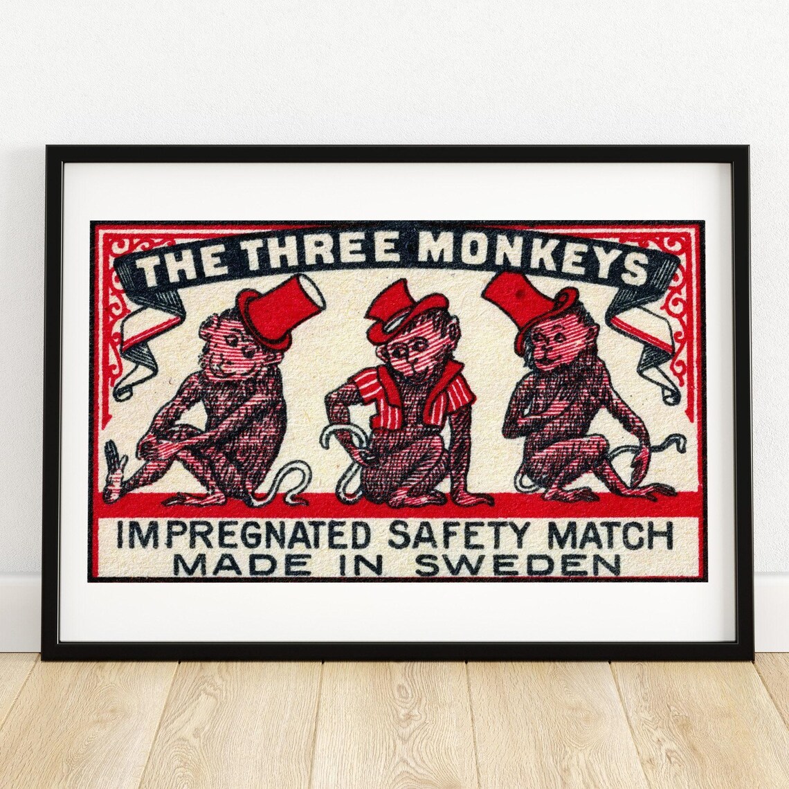 The Three Monkeys Top Hats Vintage Swedish Matchbox Label Art Poster