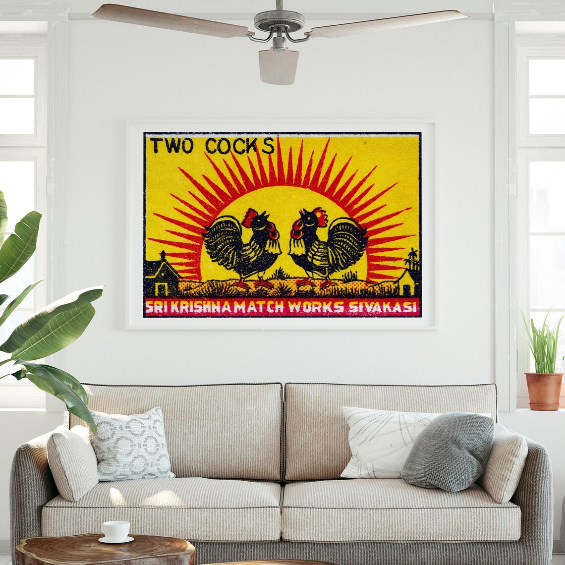 Two Roosters Vintage India Art Poster Print - Image 3