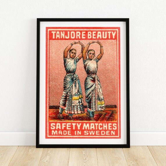 Tanjore Beauty Matchbox Art Print Vintage Swedish Design Collectible Indian Dance Decor Retro Wall Art Home Accent A4