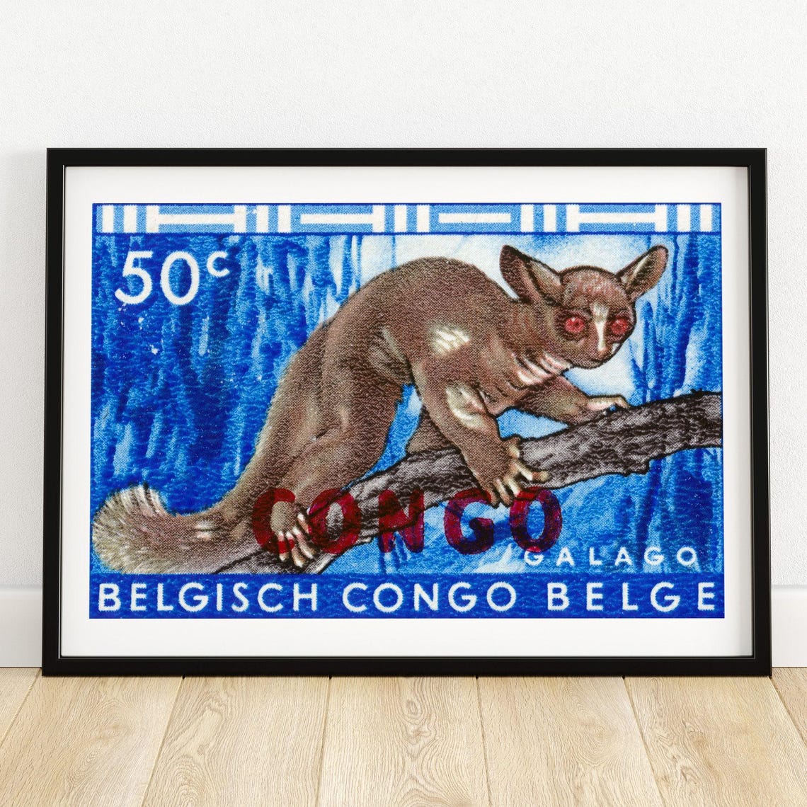Belgian Congo Galago Bush Baby 50c Overprint Stamp Art Poster