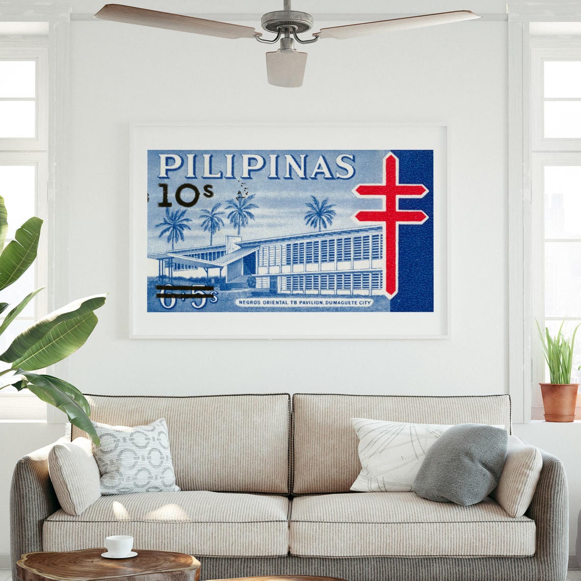 Pilipinas Dumaguete TB Pavilion Red Cross Palm Trees Stamp Poster - Image 4