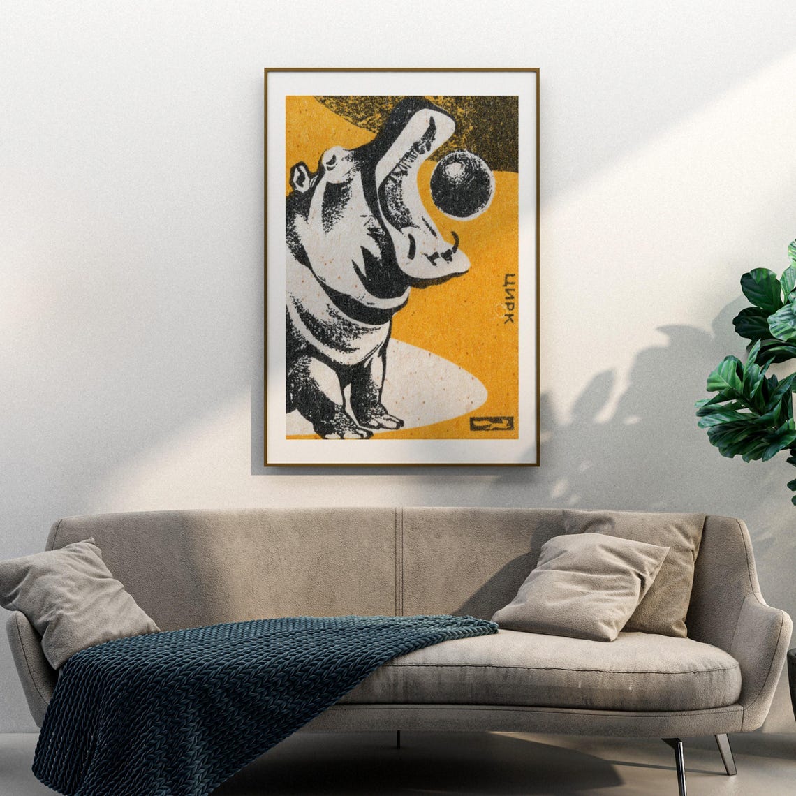 Hippo Catching Ball Vintage Soviet Animal Matchbox Label Poster - Image 3