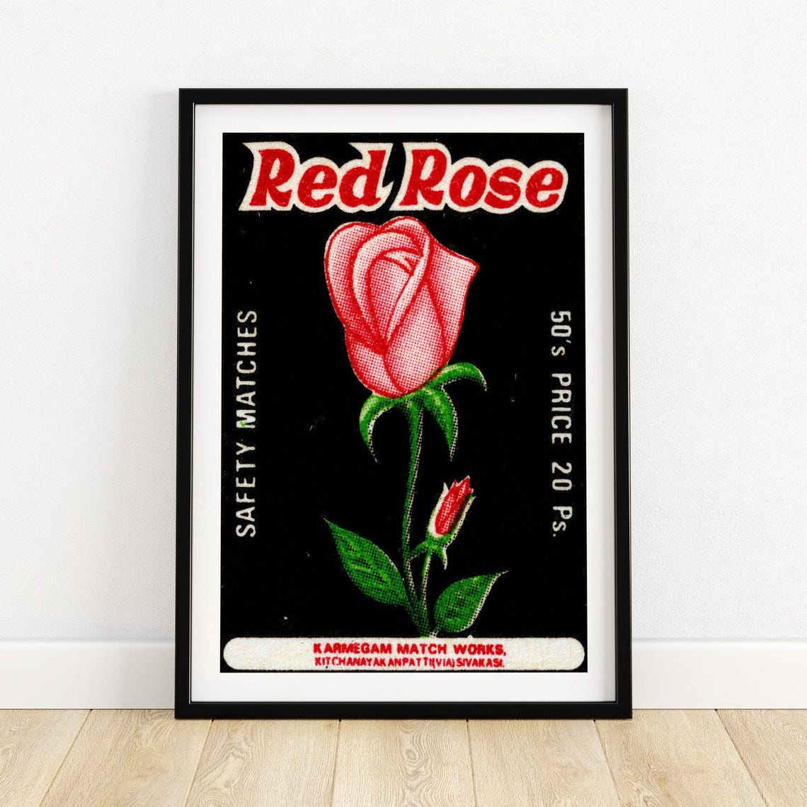Red Rose Indian Safety Matches Vintage Floral Matchbox Poster